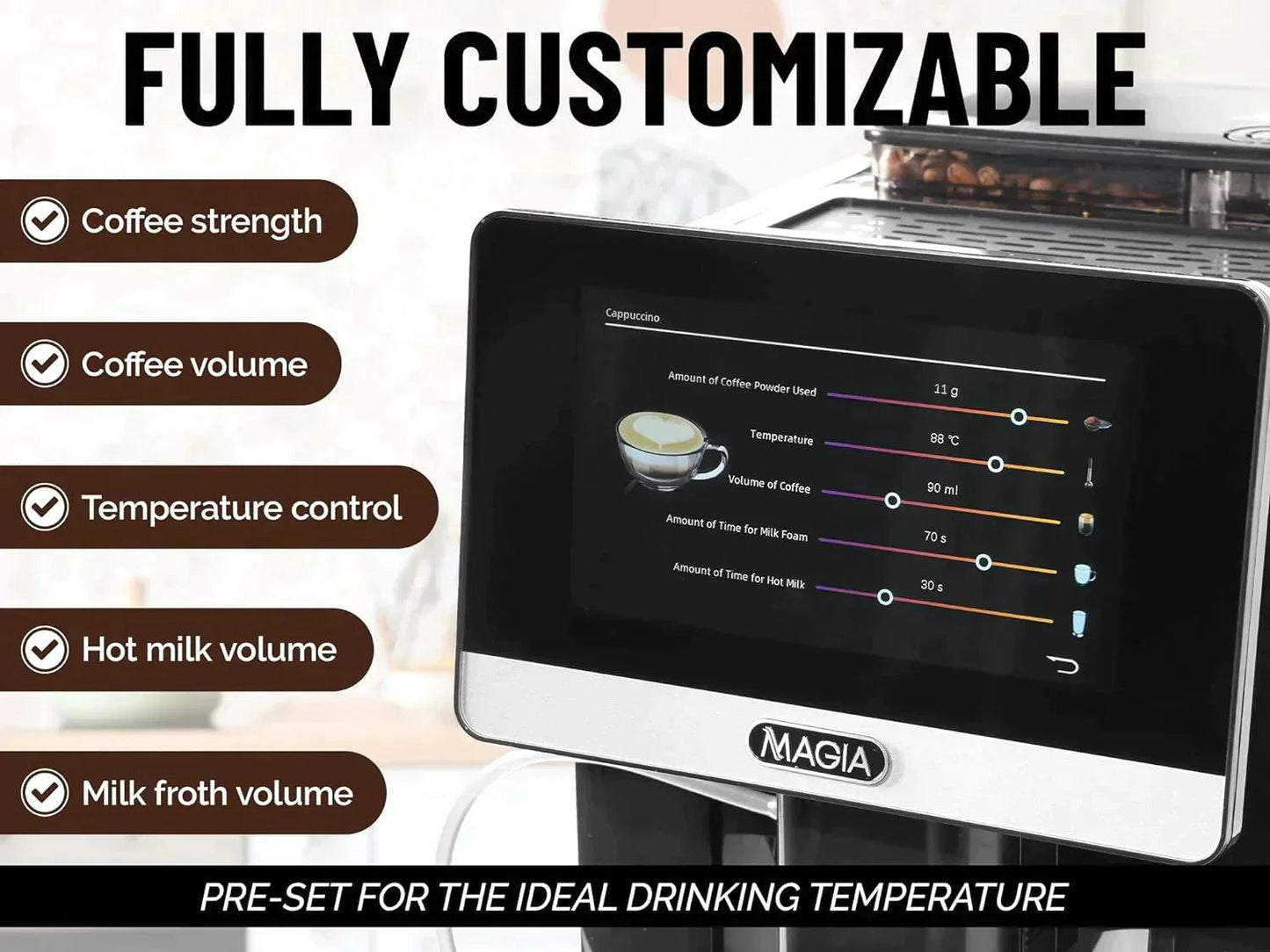 Zulay Magia Super Automatic Coffee Espresso Machine - Durable Espresso Machine With Grinder - Coffee Maker With Easy To Use 7” Touch Screen, 19 Coffee Recipes, 10 User Profiles