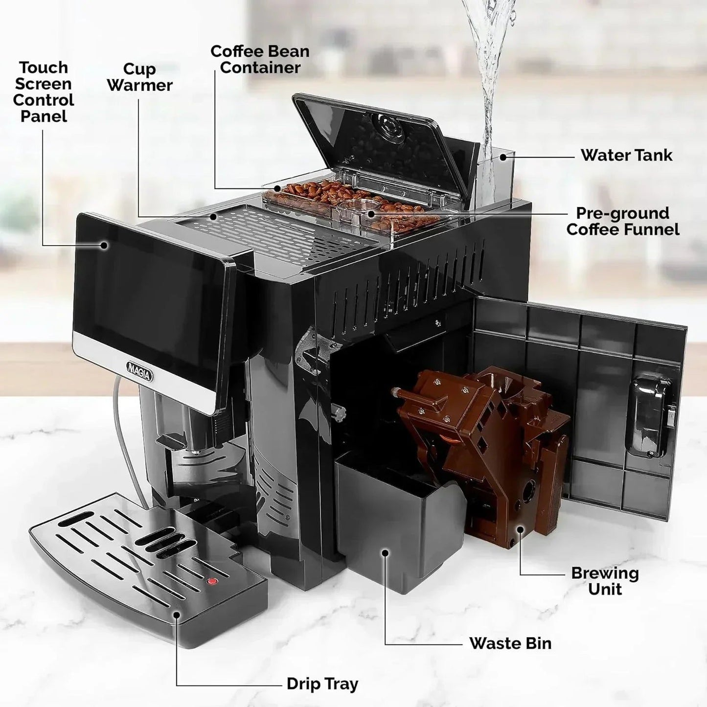 Zulay Magia Super Automatic Coffee Espresso Machine - Durable Espresso Machine With Grinder - Coffee Maker With Easy To Use 7” Touch Screen, 19 Coffee Recipes, 10 User Profiles